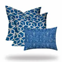 HomeRoots Set Of Three 20" X 20" Blue And White Blown Seam Geometric Throw Indoor Outdoor Pillow