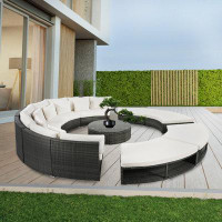 Latitude Run® 9-piece Luxury Circular Outdoor Patio Furniture Set: Rattan Wicker Sectional Sofa Lounge With Tempered Gla