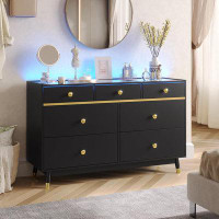 Mercer41 Dresser For Bedroom With Led Lights, Glass Top Black Dressers & Chests Of Drawers With Grid Drawer Storage Comp