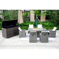 Ebern Designs Luke Gas Fire Pit Dining Table Set, 6 Chairs, 4 Ottomans, A Storage