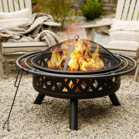 George Oliver 35 Inch Fire Pit, Outdoor Wood Burning Fire Pit Crossweave With Spark Screen Fire Poker With 2 Loops, For