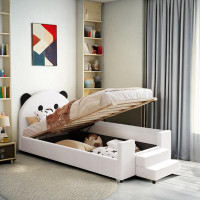 Trinx Upholstered Bed With Bear Shaped Headboard, Hydraulic System And Breathable Mesh Fence