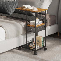 17 Stories C Shaped Sofa Side Table: Couch End Table With Drawer - Bedside Table With Wheels - 19.7''L X 11.8''W X 28''H
