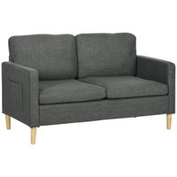 56 2 SEAT SOFA, MODERN LOVE SEATS FURNITURE, UPHOLSTERED 2 SEATER COUCH WITH SIDE POCKETS, SOLID STEEL FRAME, GREY