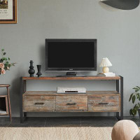 17 Stories 60 Inch Reclaimed Wood Media TV Console Table With 3 Drarwer, Open Shelf