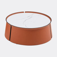 Ivy Bronx Coffee Table, Marble Top+Orange Saddle Leather Body+Iron Frame