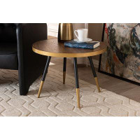 Ivy Bronx Lefancy Round Walnut Wood and Metal Coffee Table with Two-Tone Black and Gold Legs