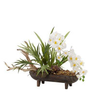 D & W Silks Vanda Orchids With Stag Horn Fern And Ghostwood In Oblong Wooden Dough Bowl With Legs