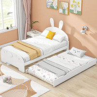 Zoomie Kids Wood Twin Size Platform Bed With Cartoon Ears Shaped Headboard And Trundle