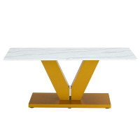 Everly Quinn Sleek Modern Minimalist Coffee Table: Tempered Glass Tabletop With Stickers, Golden Mdf Pillars For Living