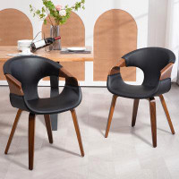 Ivy Bronx Set of 2 Baylor Black Faux Leather Dining Chair with Walnut Wooden Legs