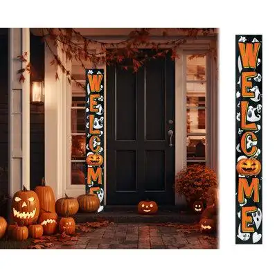 The Holiday Aisle® 72-Inch Wooden Halloween Welcome Sign with Ghost Pattern and Jack O'Lantern