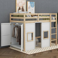 Harriet Bee Ileigh Wood Twin Size Loft Bed with Built-in Storage Wardrobe and 2 Windows
