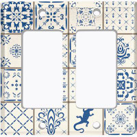 WorldAcc Metal Light Switch Plate Outlet Cover (Vintage Blue Tile White Elegant Pattern - Single Toggle)