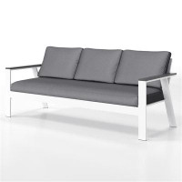 Latitude Run® Dark Grey Comfy Wood Grain Arm Modern Aluminum Patio Outdoor Couch Sofa 3 Seater