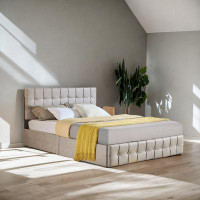 Red Barrel Studio Full Size Upholstered Platform Bed Frame With Adjustable Headboard With 4 Drawers Storage, Wooden Slat