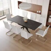 Orren Ellis Expandable Dining Room Table Set For 6-8: Large Table, C-shaped Metal Legs, Soft Padded Armless Chairs