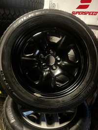 SET OF FOUR LIKE NEW 18 INCH 5X120 POLICE WHEELS FOR GM MOUNTED WITH 225 / 60 R18 FALKEN WINTER TIRES !!