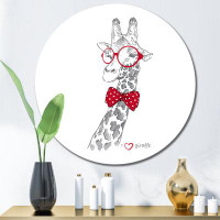 Trinx Giraffe In Round Red Glasses - Hand Painted Art Metal Circle Wall Art