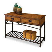 BATH Modern Craftsman Sofa Table - Distressed Oak Finish, Poplar Hardwood, Veneer, Metal Frame, Convenient Storage