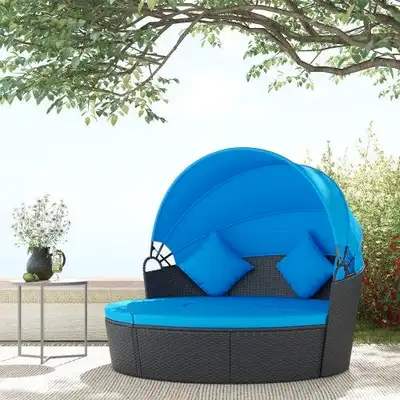 4pc PE Rattan Wicker Round Canopy Daybed Lounge Patio Sectional Sofa w Cushions, Blue, Black