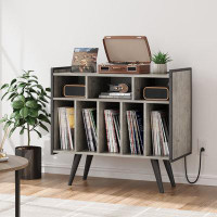 17 Stories Record Player Table Stand, Grey Record Album Storage Cabinet With Power Outlet, Large Wooden Turntable Stand