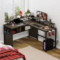 17 Stories Industrial Home Office Desk with Storage, L Shaped Desk with Power Outlet
