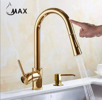 Smart Touch Kitchen Faucet Single Handle Pull-Out 16.5 With Soap Dispenser Shiny Gold Finish