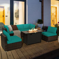 Latitude Run® Latitude Run® 7pcs Patio Rattan Furniture Set Fire Pit Table Cover Cushion Off White
