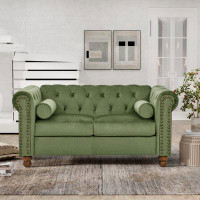 House of Hampton Luxurious Phoyal Large Love Seat: Green Velvet Two-seat Chesterfield Sofa, Modern 2-seater With Classic