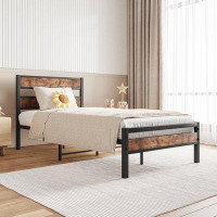 17 Stories Rustic Twin Platform Bed With Vintage Wood Headboard, Strong Metal Slats - No Box Spring Needed