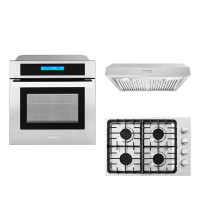 Cosmo 3 Piece Kitchen Package With 30" Gas Cooktop 30" Under Cabinet Range Hood 24" Single Electric Wall Oven