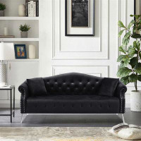 Elegance Plexi Home Velvet Sofa Upholstered Couch Button Tufted Nailhead,Curved Backrest Rolled Arms With 2 Pillows