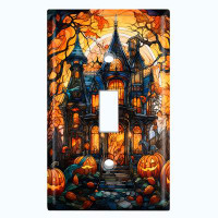 WorldAcc Metal Light Switch Plate Outlet Cover (Halloween Spooky Pumpkin Manor House - Single Toggle)