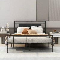 17 Stories 17 Stories Queen Size Platform Metal Bed Frame With Leather Upholstered Headboard, Black