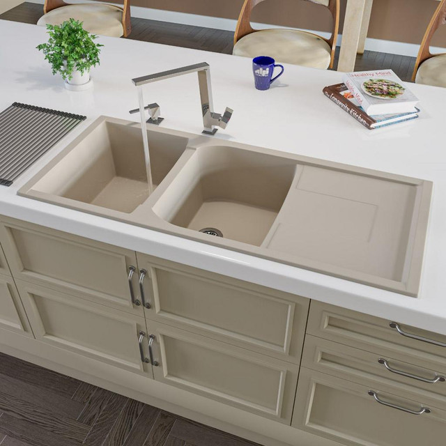 46x20 Double Bowl Top Mount/ Drop In,  Granite Composite Kitchen Sink with Drainboard in 5 Colors - 33 in Cabinet  ATC in Plumbing, Sinks, Toilets & Showers