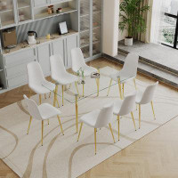 Rosefray Elegant 9-piece Dining Ensemble: Tempered Glass Table & Eight Fabric Chairs, Spacious Seating