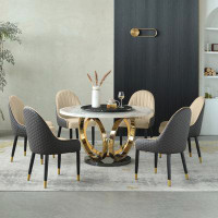European Furniture 7 Pieces Icaro Round 60" Dining Set Beige Chair