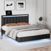 Ivy Bronx LED Floating Bed Frame With LED Lights And USB Charging,Modern Upholstered Platform Bed Frame