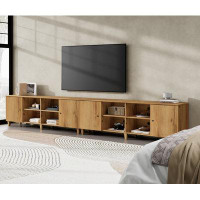 Millwood Pines Set Of 2 TV Stands For 100+ Inch TV, 140 Inch Mid-Century Modern Wood Entertainment Centre With Door, Oak