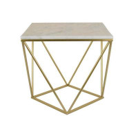 Mercer41 21 Inch Modern Plant Stand Side Table, Square White Marble Top, Gold Metal