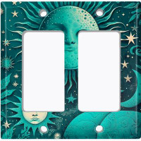 WorldAcc Metal Light Switch Plate Outlet Cover (Astronomy Space Sun Stars Moon Teal - Double Rocker)