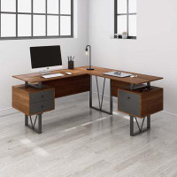 Latitude Run® Reversible L-Shape Computer Desk with Drawers and File Cabinet, Walnut