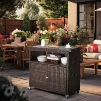 Latitude Run® Outdoor Patio Wicker Buffet & Console Table With Rolling Wheels & Handle