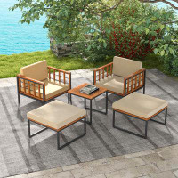 Ebern Designs Ebern Designs 5 PCS Acacia Wood Patio Furniture Set with Ottomans Soft Cushions & Coffee Table