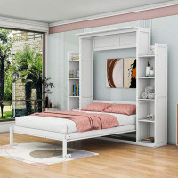 Rosdorf Park Wooden Murphy Bed with LED and Shelves