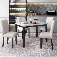 Red Barrel Studio TREXM Faux Marble 5-Piece Dining Set Table With 4 Thicken Cushion Dining Chairs Home Furniture