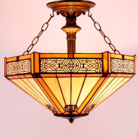 Bloomsbury Market Tiffany Light Fixture Semi Flush Mount 16" Yellow Stained Glass Hexagon Ceiling Lamp