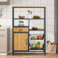 17 Stories 31 In. Brown Multipurpose Bookshelf Storage Rack 3-Shelf With Drawer Cabinet And Two Storage Baskets