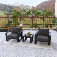 Latitude Run® 3-Piece Black Aluminum Frame Outdoor Patio Chair With Grey Cushions And Coffee Table